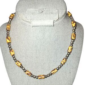 Giraffe Print Cylindrical Bead & 925 Sterling Silver Bead Station Necklace 16"